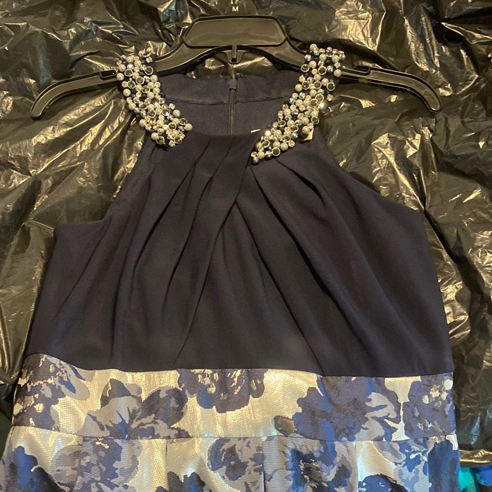 Long elegant blue beaded collar dress